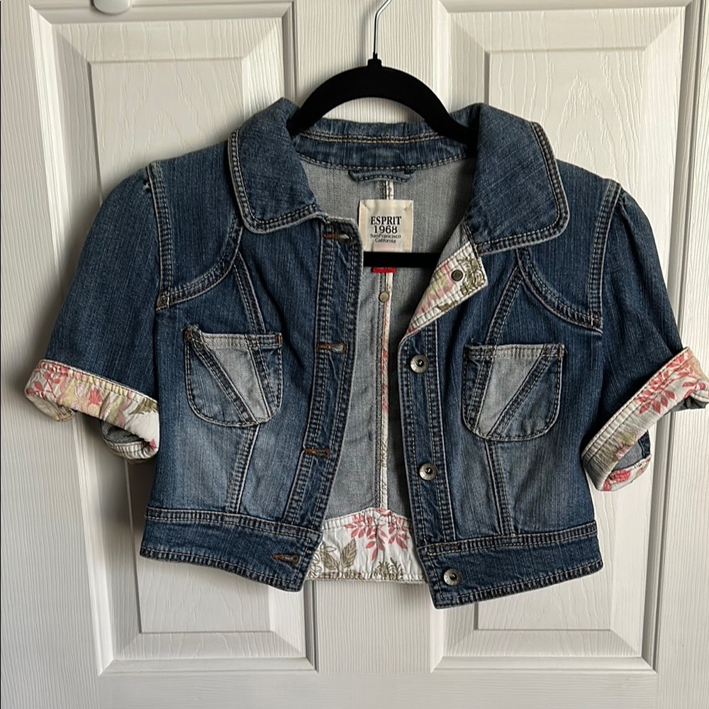 Esprit Blue Cropped Jean Jacket with Floral Accents